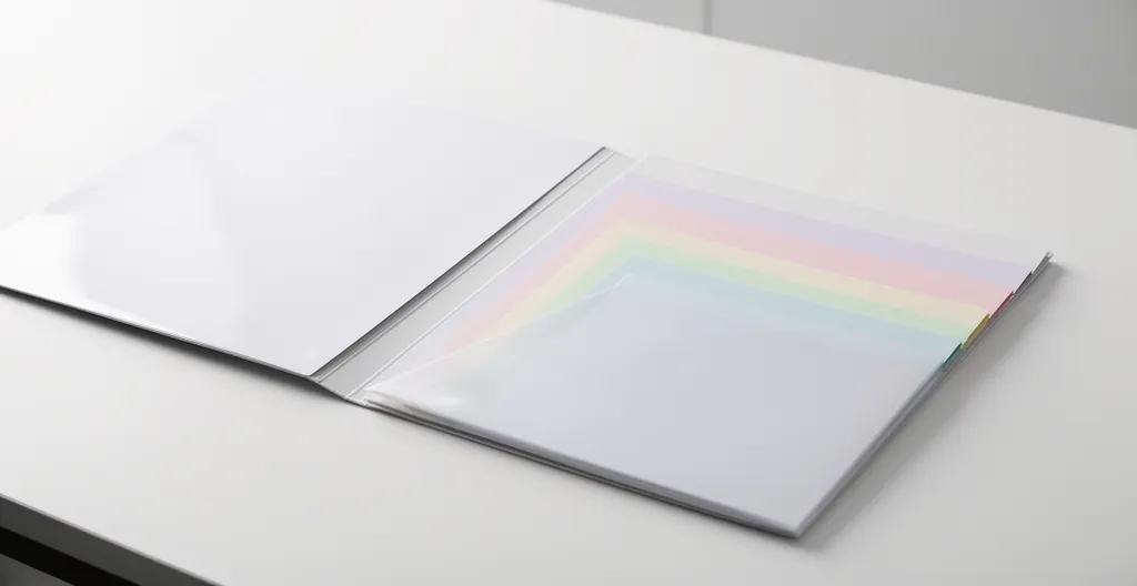 Vue en angle d'une pochette à rabats ouverte avec des documents organisés