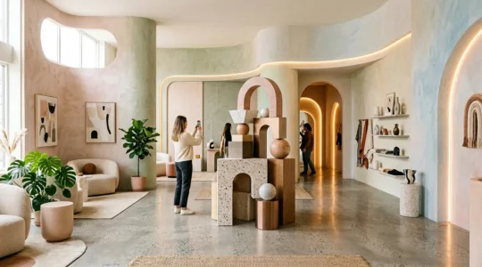 Intérieur coloré d'un pop-up store avec murs texturés et zones photogéniques