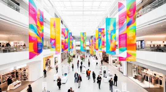 Vue grand angle d'un espace commercial moderne montrant des suspensions publicitaires colorées au plafond et des rayonnages