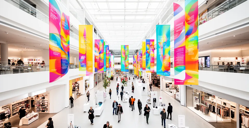 Vue grand angle d'un espace commercial moderne montrant des suspensions publicitaires colorées au plafond et des rayonnages