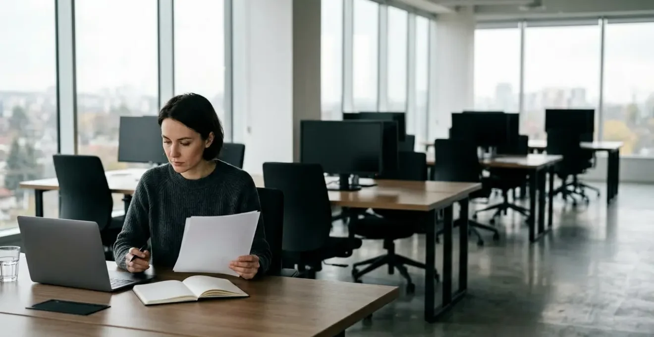 Journaliste consultant un dossier de presse numérique dans une salle de rédaction contemporaine