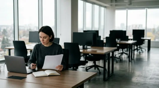 Journaliste consultant un dossier de presse numérique dans une salle de rédaction contemporaine