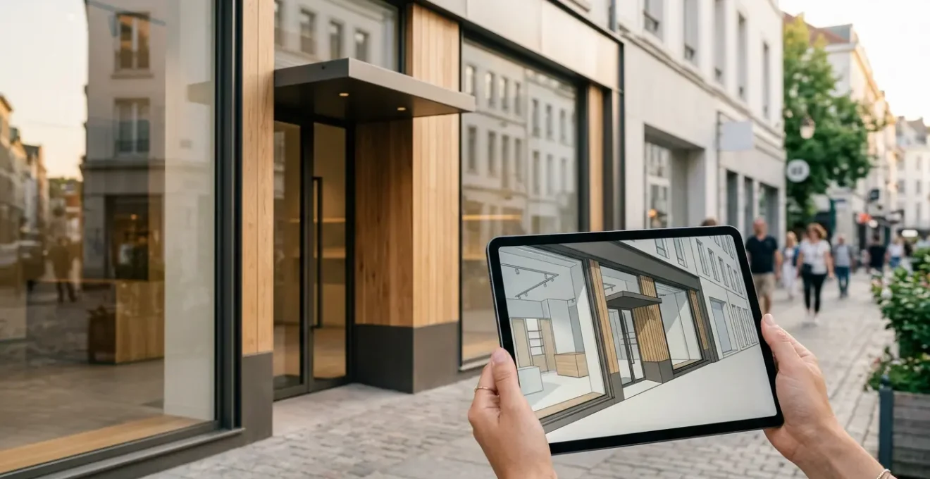 Vue en perspective d'une devanture de commerce moderne avec simulation 3D de rénovation affichée sur tablette au premier plan