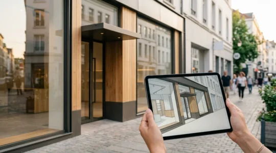 Vue en perspective d'une devanture de commerce moderne avec simulation 3D de rénovation affichée sur tablette au premier plan