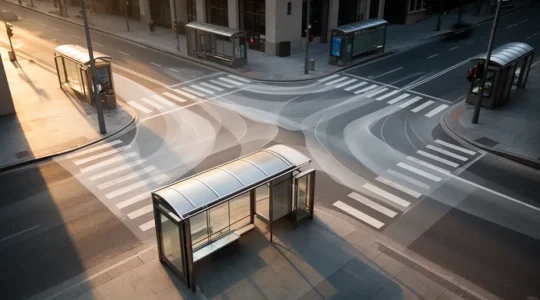 Vue stratégique d'un réseau d'abribus avec zones de chalandise urbaines