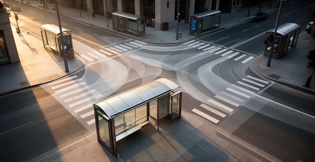 Vue stratégique d'un réseau d'abribus avec zones de chalandise urbaines