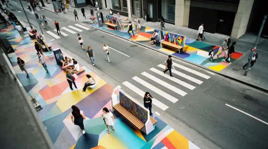 Vue en angle plongeant d'une rue piétonne animée avec des installations publicitaires créatives interagissant avec le mobilier urbain et les passants