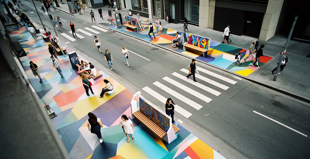Vue en angle plongeant d'une rue piétonne animée avec des installations publicitaires créatives interagissant avec le mobilier urbain et les passants