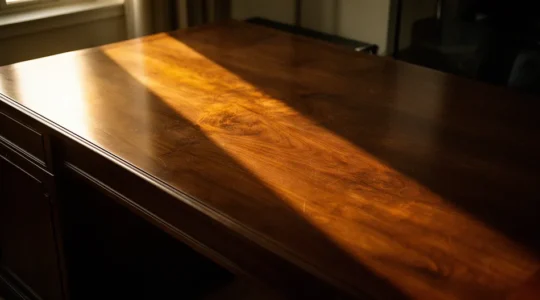 Carte Save the Date luxueuse posée sur une table en bois avec lumière dorée naturelle