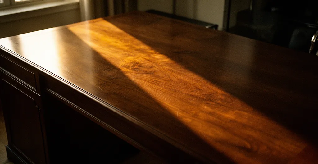 Carte Save the Date luxueuse posée sur une table en bois avec lumière dorée naturelle