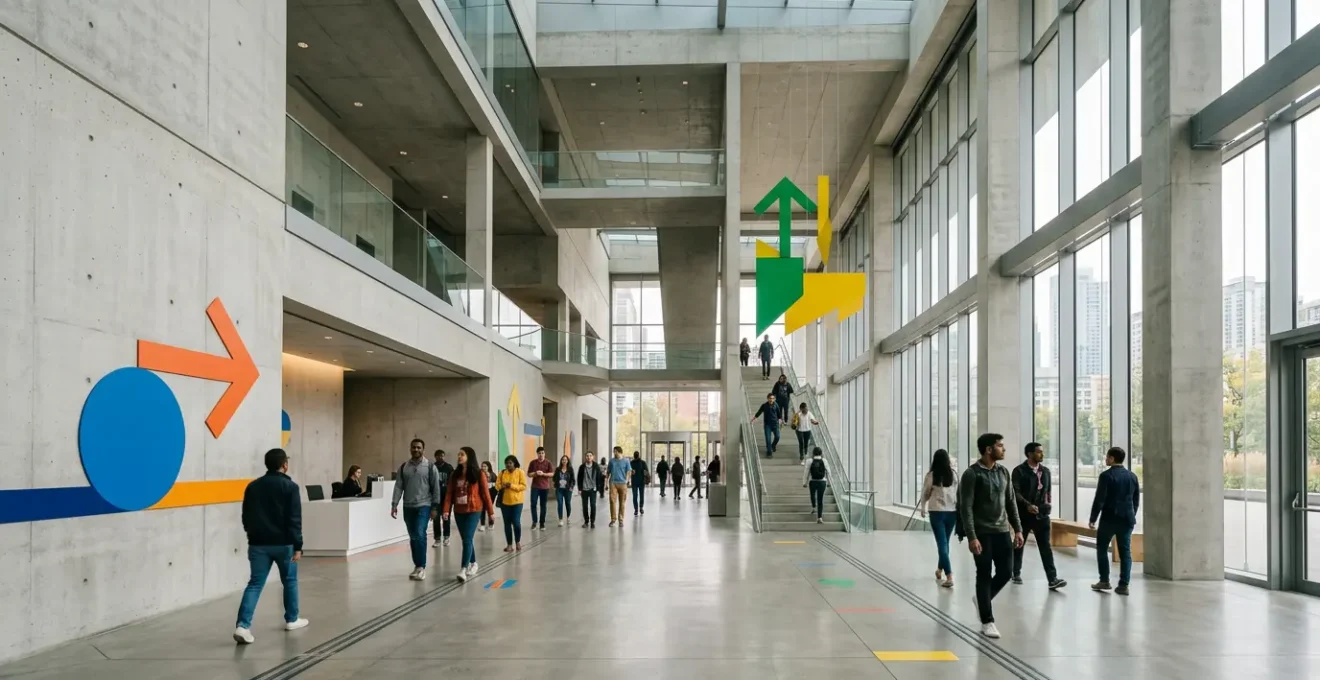 Espace d'accueil moderne avec signalétique directionnelle intuitive guidant les visiteurs