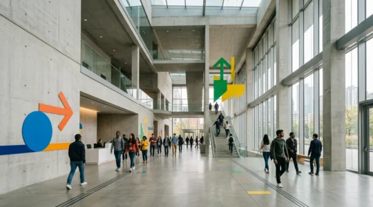 Espace d'accueil moderne avec signalétique directionnelle intuitive guidant les visiteurs