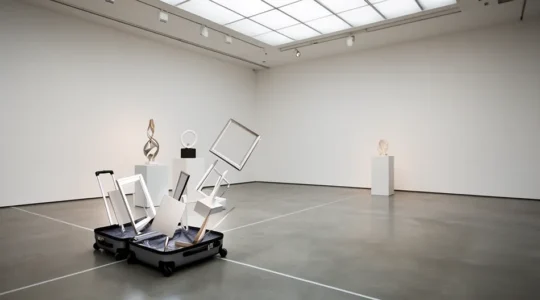 Transformation d'un stand vide en espace professionnel avec une valise à roulettes dans un hall d'exposition