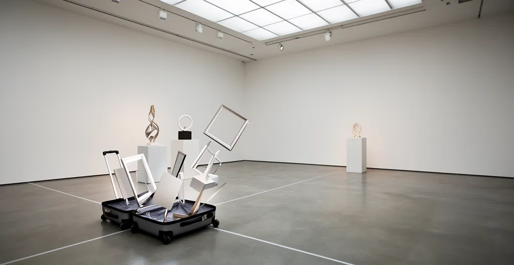 Transformation d'un stand vide en espace professionnel avec une valise à roulettes dans un hall d'exposition