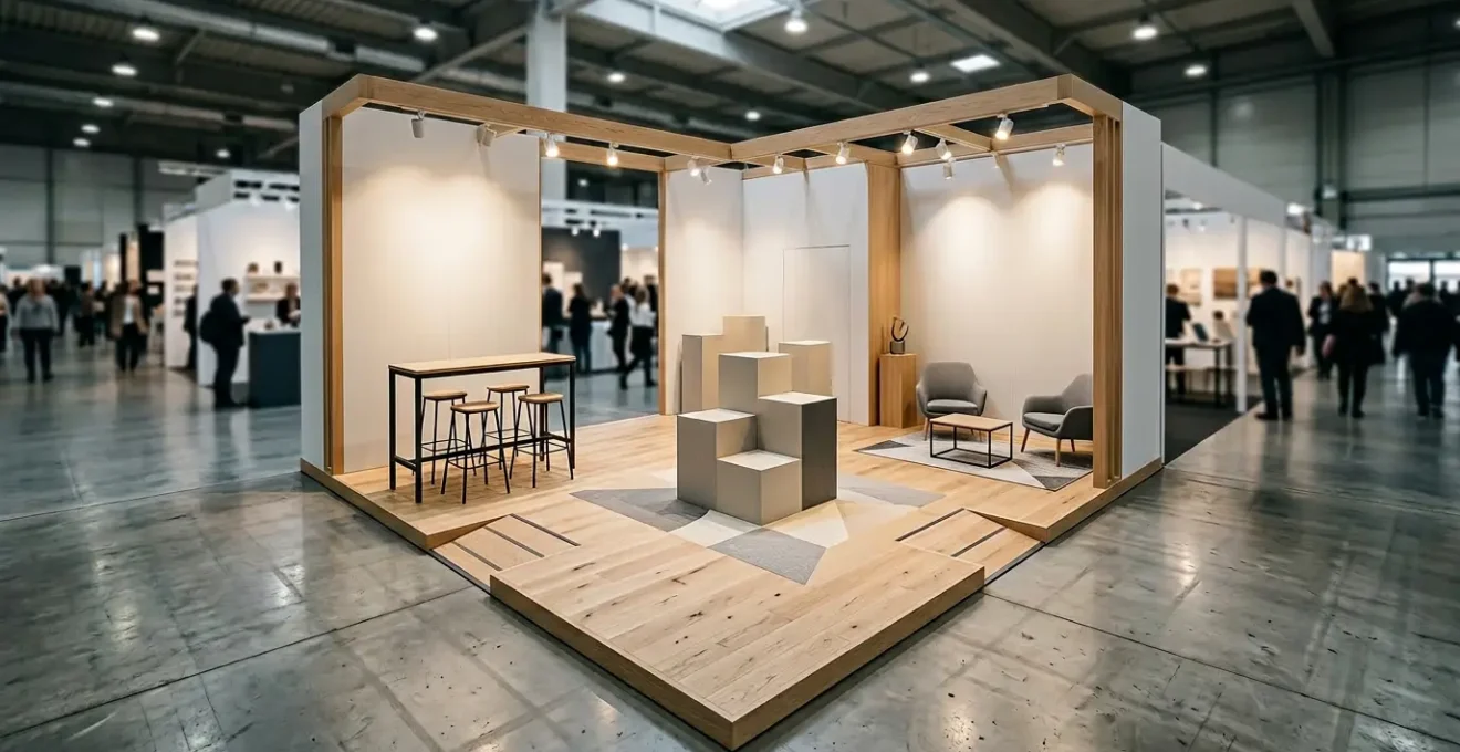 Vue en plongée d'un stand de salon professionnel de 18 m² avec agencement optimisé pour maximiser la visibilité depuis les allées principales