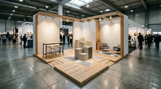 Vue en plongée d'un stand de salon professionnel de 18 m² avec agencement optimisé pour maximiser la visibilité depuis les allées principales