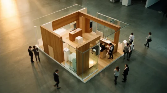 Vue aérienne d'un stand de salon professionnel avec des visiteurs en interaction et des éléments visuels modernes