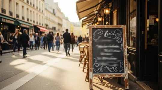 Devanture animée d'un café-restaurant avec chevalet publicitaire sur trottoir attirant les passants