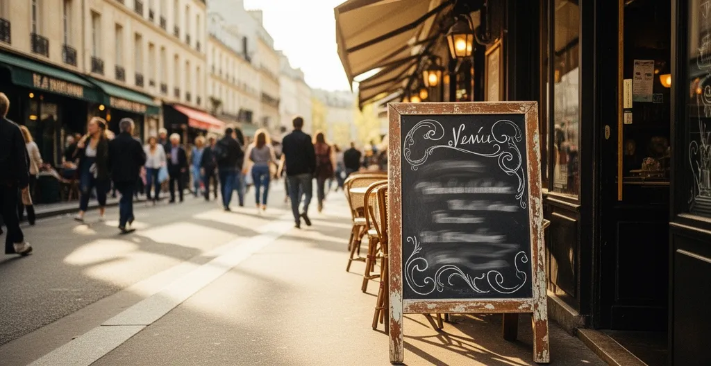 Devanture animée d'un café-restaurant avec chevalet publicitaire sur trottoir attirant les passants