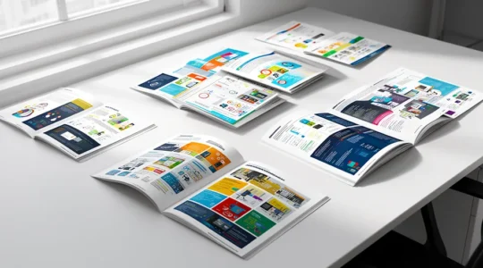 Composition visuelle de brochures techniques étalées sur un bureau design, avec pages ouvertes montrant schémas et infographies colorées