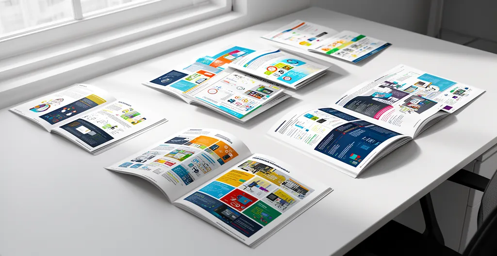 Composition visuelle de brochures techniques étalées sur un bureau design, avec pages ouvertes montrant schémas et infographies colorées