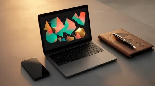 Vue en plongée d'un bureau moderne avec ordinateur portable affichant des graphiques colorés, smartphone, calculatrice et bloc-notes avec des esquisses de graphiques