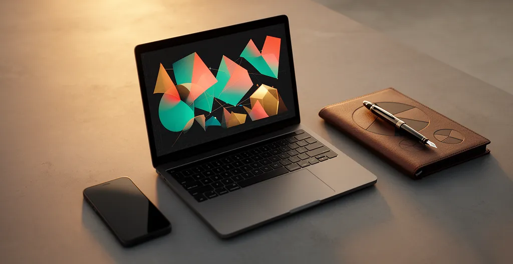 Vue en plongée d'un bureau moderne avec ordinateur portable affichant des graphiques colorés, smartphone, calculatrice et bloc-notes avec des esquisses de graphiques