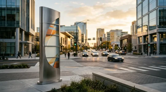 Totem signalétique au design épuré à l'intersection d'une zone d'activités commerciales