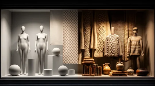 Vitrine de magasin élégante avec jeu de reflets montrant la transformation d'un design simple vers un univers de marque sophistiqué