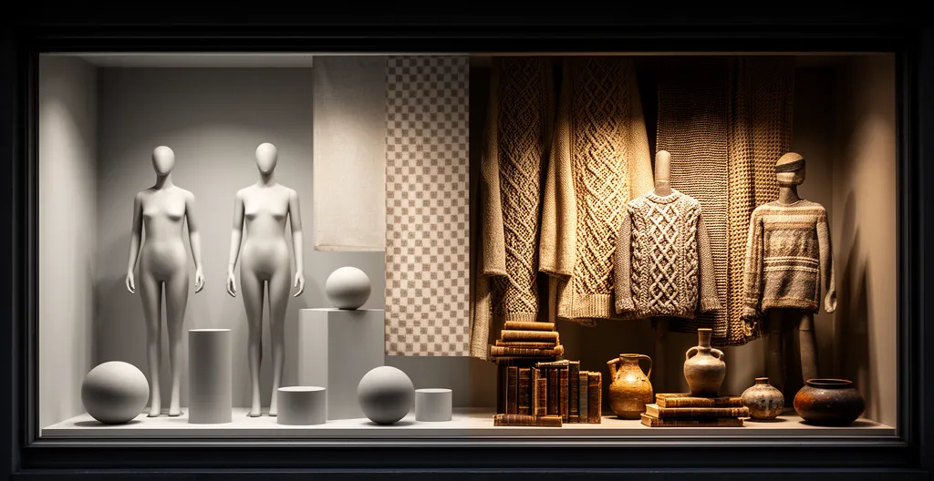 Vitrine de magasin élégante avec jeu de reflets montrant la transformation d'un design simple vers un univers de marque sophistiqué