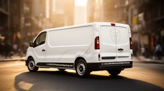 Vue arrière d'un véhicule utilitaire professionnel avec un flocage partiel optimisé mêlant lettrage et zones de couleur d'origine