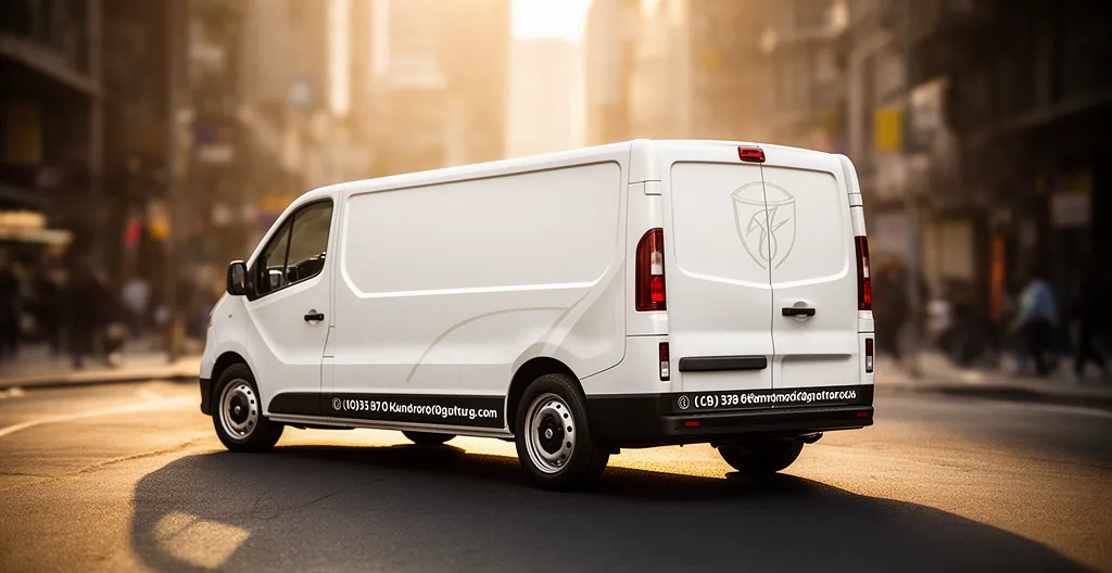 Vue arrière d'un véhicule utilitaire professionnel avec un flocage partiel optimisé mêlant lettrage et zones de couleur d'origine