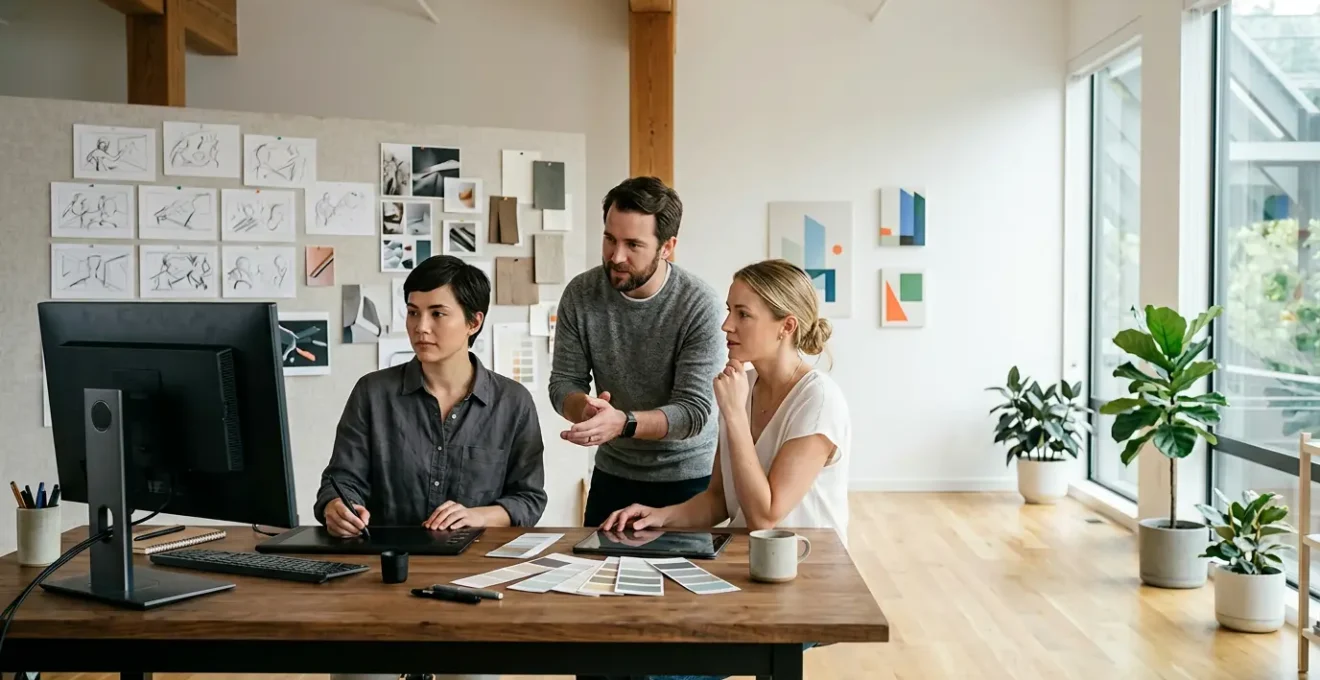 Équipe créative travaillant sur une vidéo animée marketing dans un studio lumineux