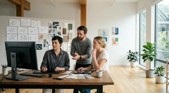 Équipe créative travaillant sur une vidéo animée marketing dans un studio lumineux