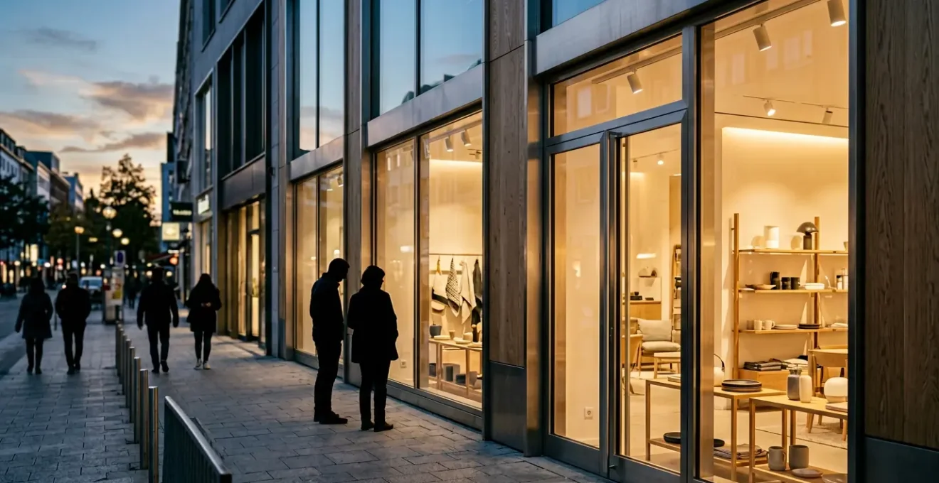 Devanture de boutique moderne avec une vitrine éclairée et des passants observant les produits exposés