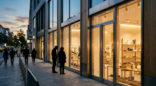 Devanture de boutique moderne avec une vitrine éclairée et des passants observant les produits exposés