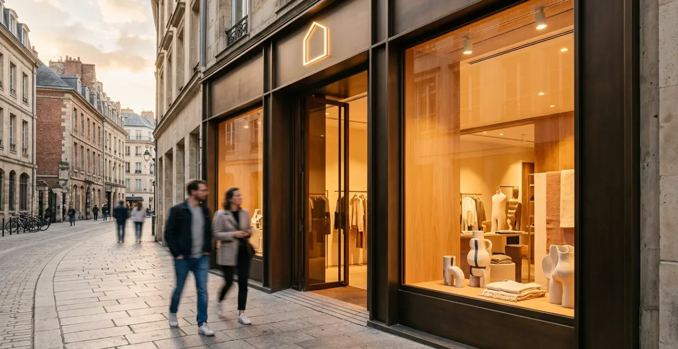 Façade de boutique moderne avec vitrine lumineuse et design épuré attirant les passants