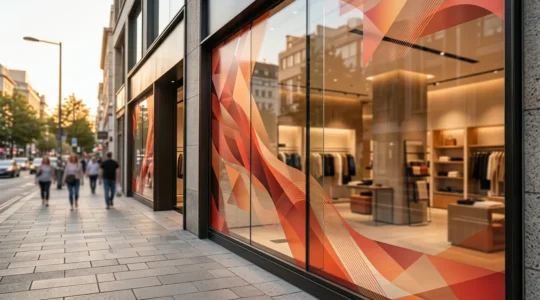 Vitrine de commerce pendant les soldes avec vitrophanie professionnelle posée