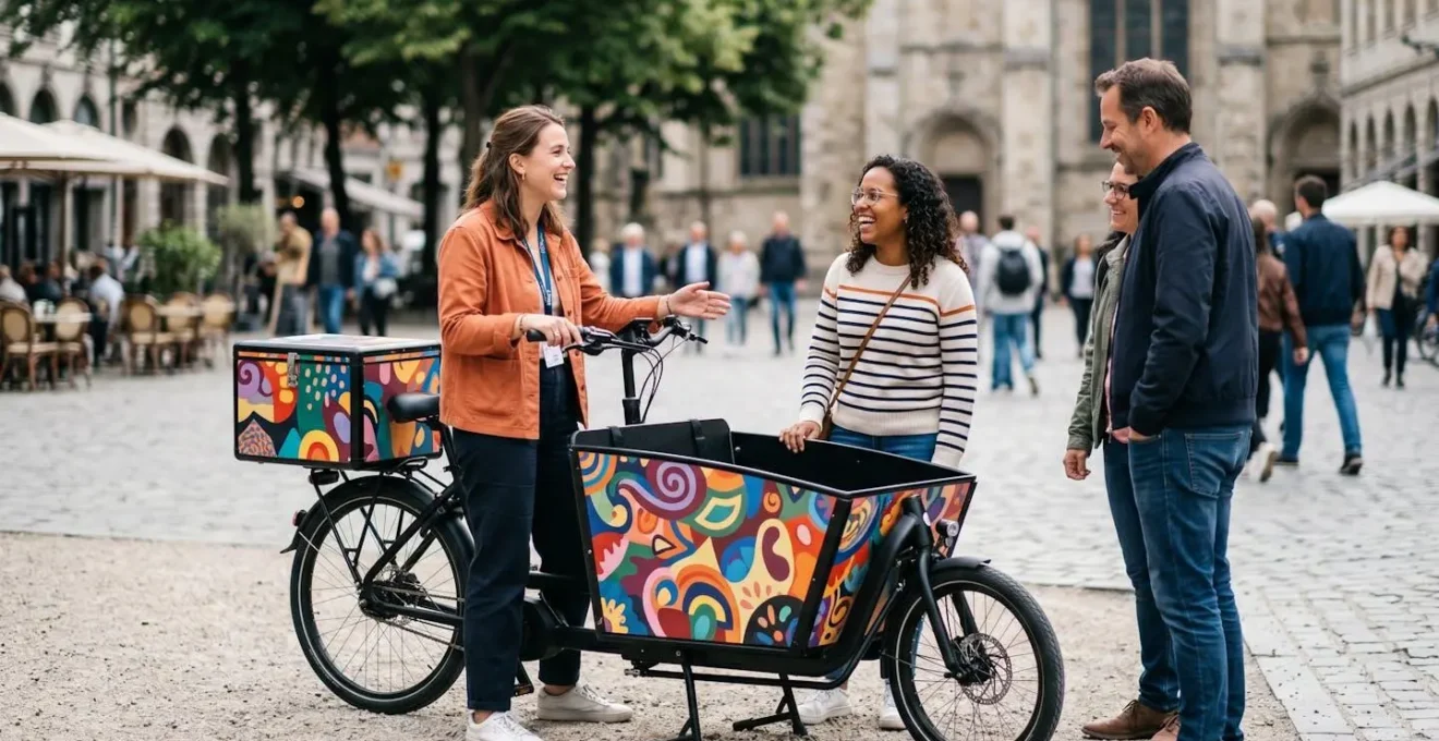 Ambassadeur de marque avec vélo cargo customisé interagissant avec des passants dans une place urbaine