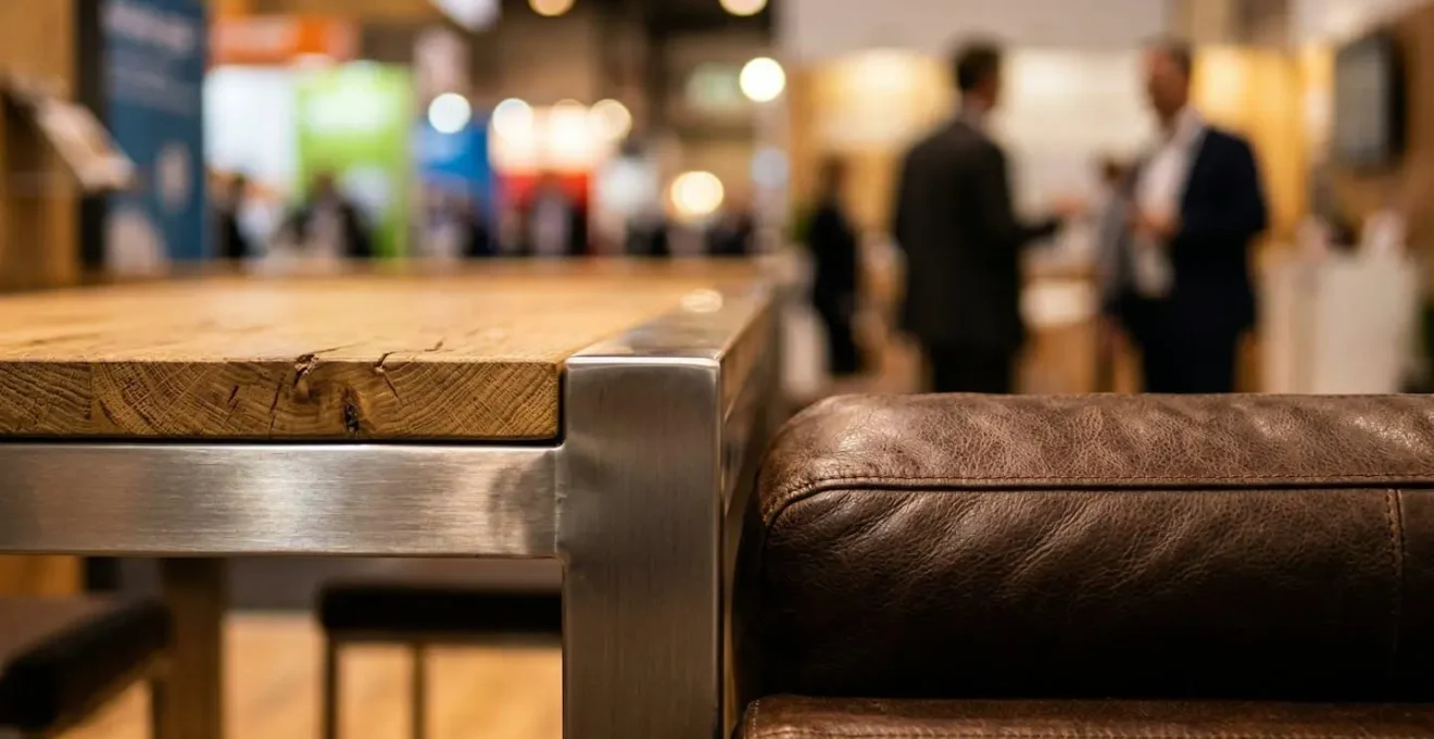 Vue macro détaillée de différentes zones de mobilier sur un stand avec focus sur les textures et matériaux