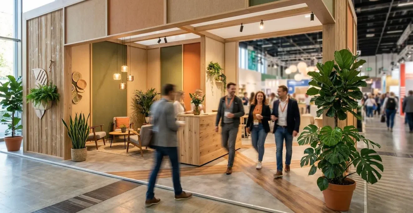 Agencement d'angle de stand à 45 degrés montrant le flux naturel des visiteurs sans barrière psychologique
