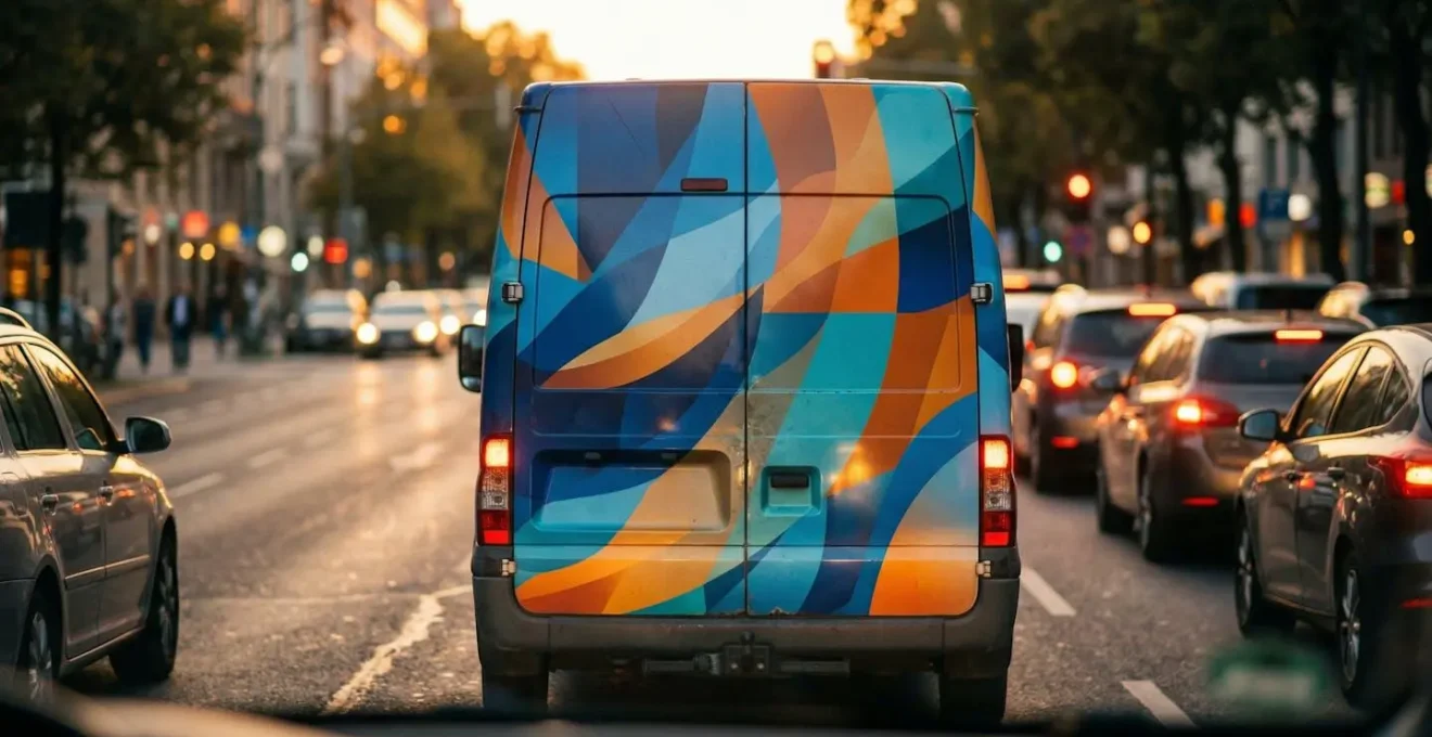 Arrière d'un véhicule utilitaire dans un embouteillage urbain au crépuscule