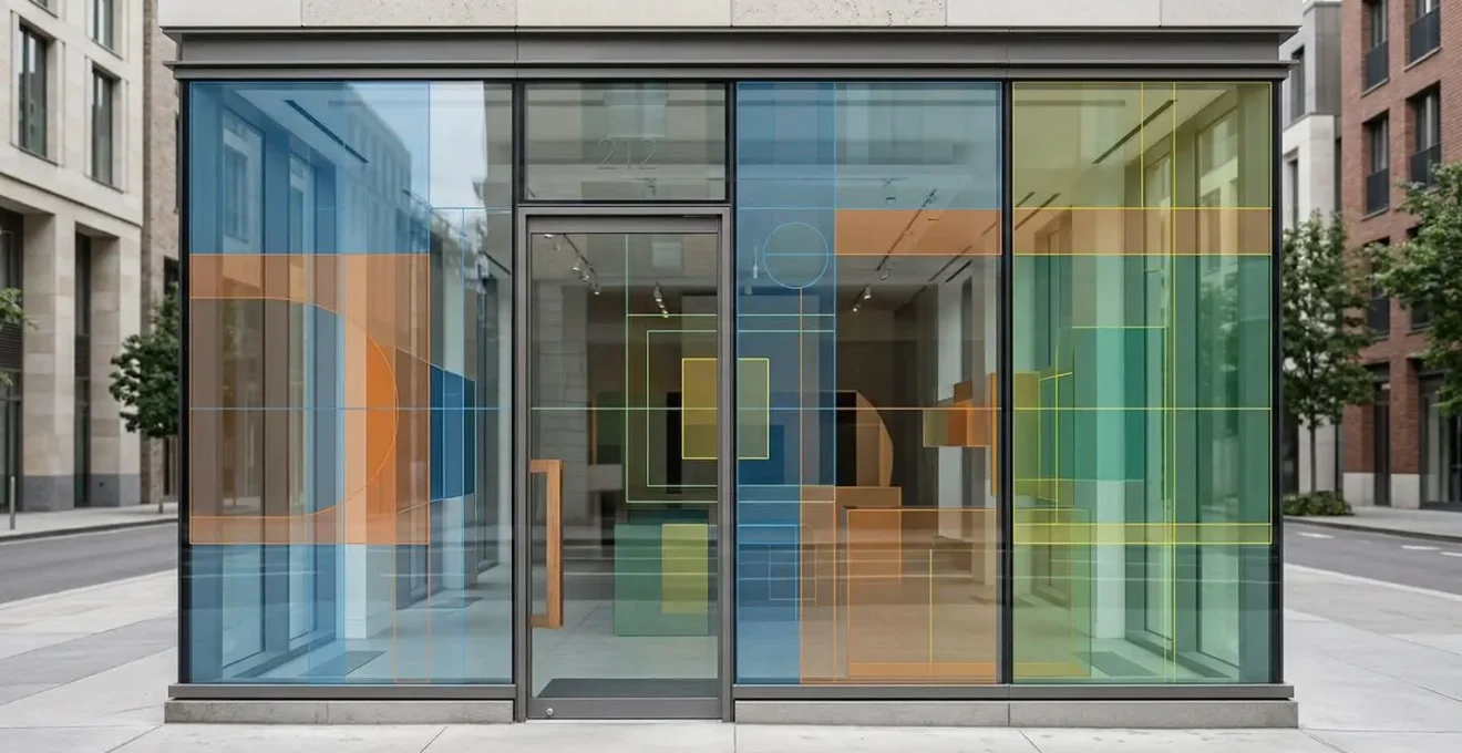 Vue extérieure d'une vitrine commerciale avec zones de calcul de surface publicitaire