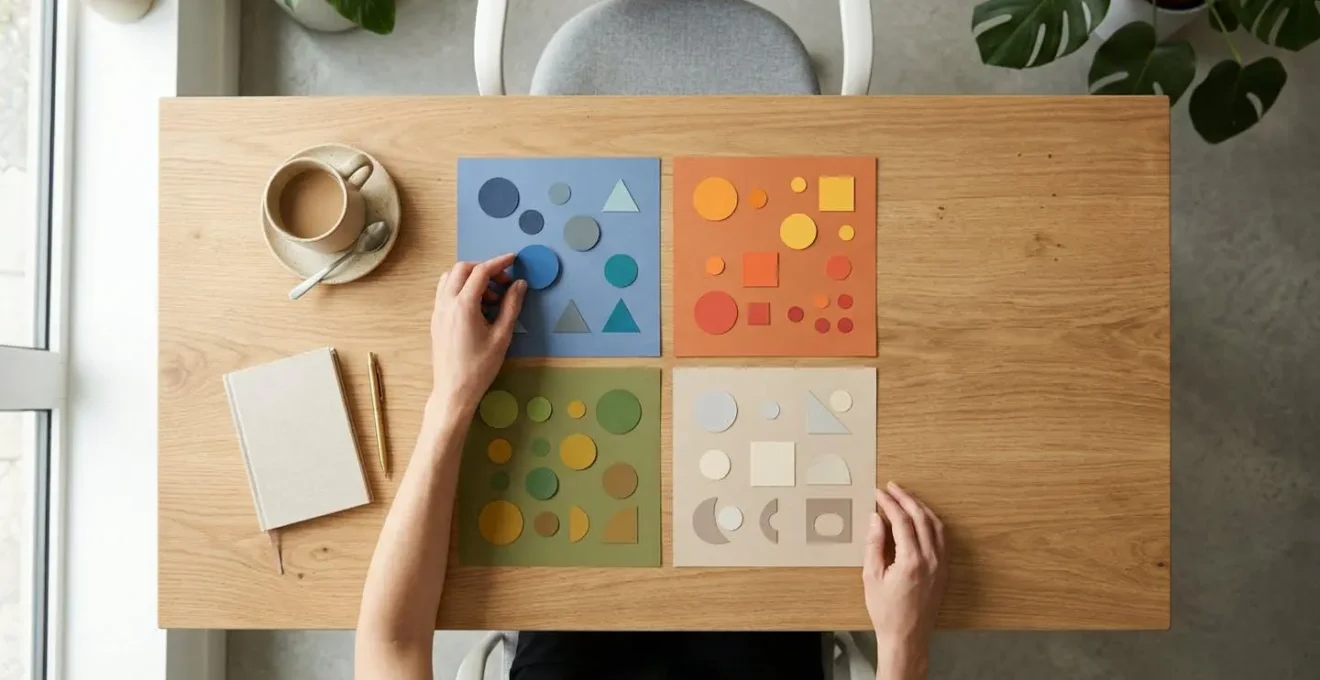 Vue aérienne d'un bureau avec papiers colorés disposés en grille représentant une carte de positionnement