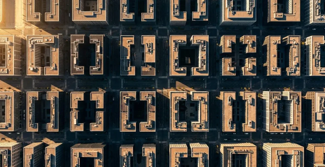 Vue aérienne d'un quartier commercial, illustrant la décision entre différents canaux marketing locaux.