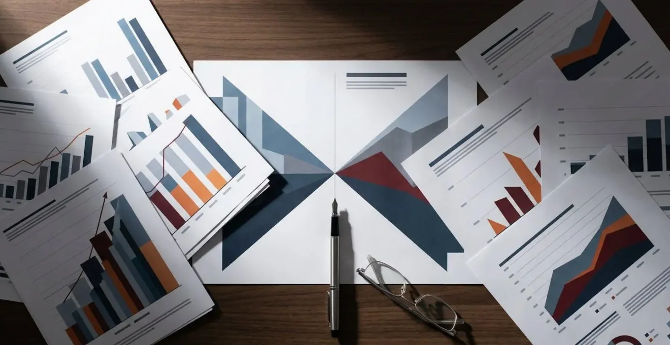 Bureau avec graphiques et données visuelles comparatives sans texte lisible