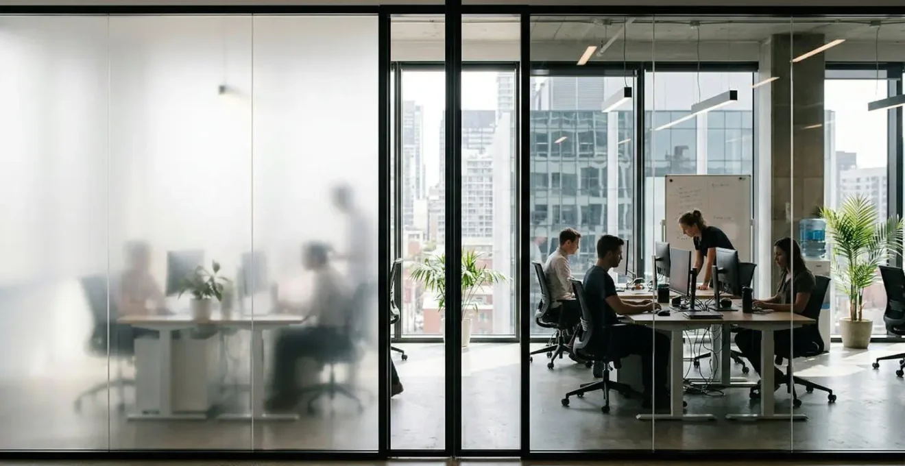 Comparaison côte à côte d'une cloison vitrée avec film dépoli et film miroir dans un bureau