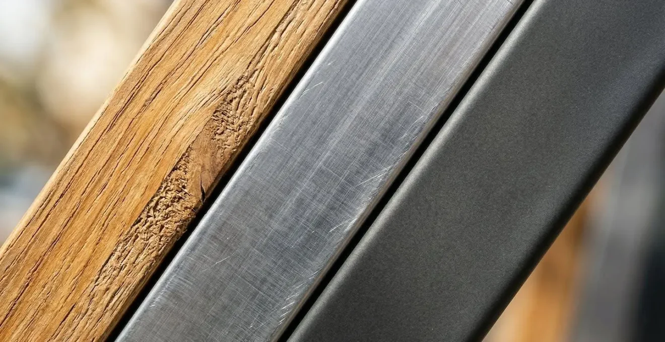 Gros plan sur trois échantillons de matériaux de façade : bois naturel, aluminium brossé et composite moderne