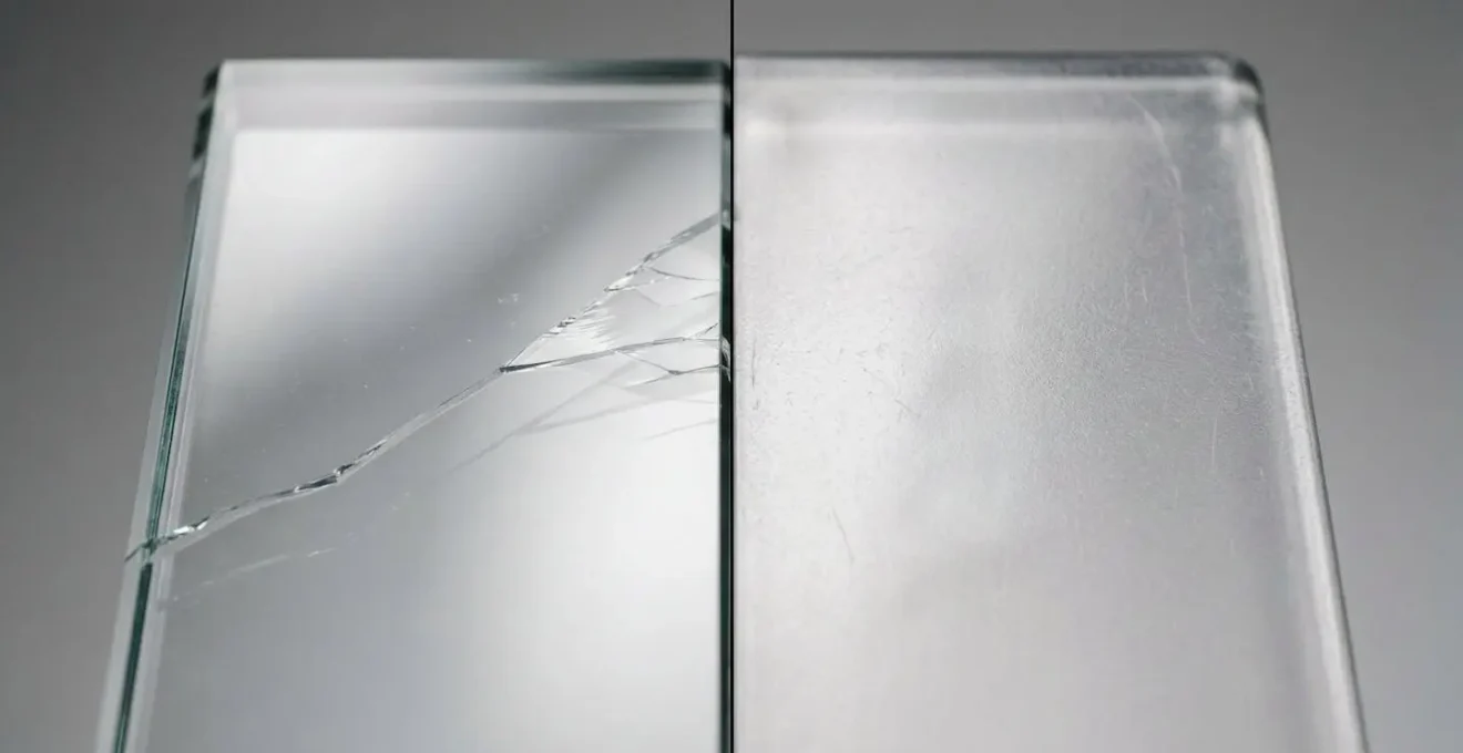 Gros plan comparatif sur les textures et transparences du verre sécurit et du polycarbonate