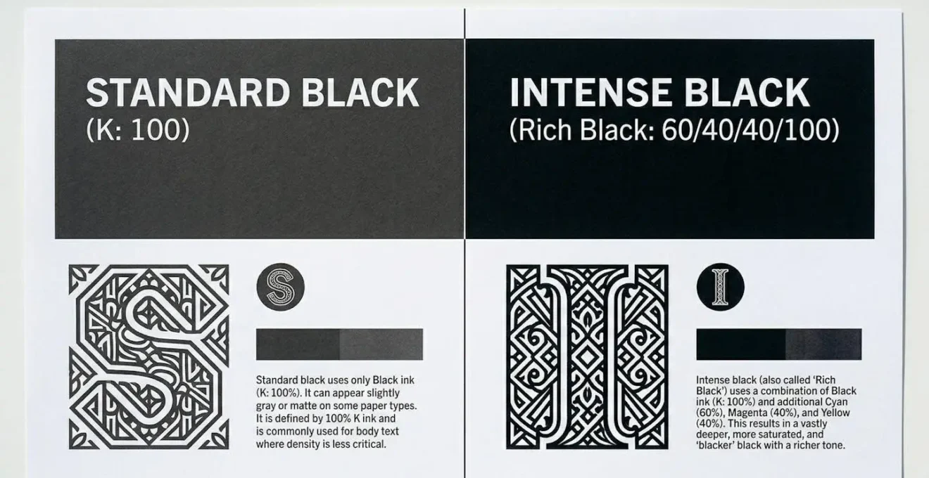 Comparaison visuelle entre un noir standard et un noir soutenu en impression